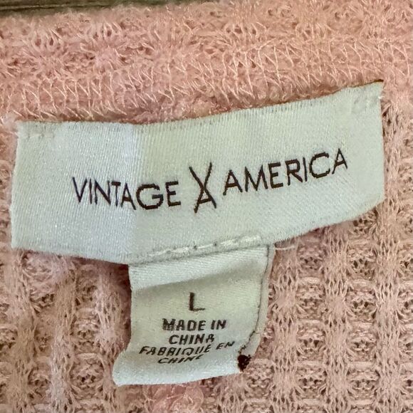 Vintage America Pink V-Neck Waffle Knit Long Sleeve Shirt Size Large - Picture 5 of 5